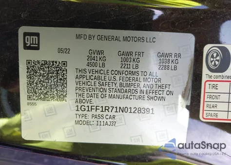 2022 Chevrolet Camaro Rwd 1Ss z USA, uszkodzony, nr VIN 1G1FF1R71N0128391